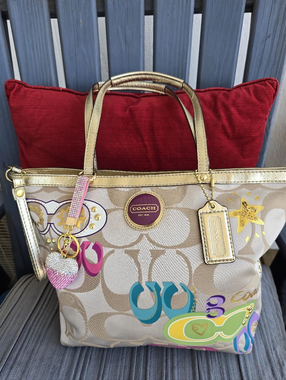 Coach Beige Signature Canvas Tote with Gold Trim and Multicolor Accents - Picture 2 of 4